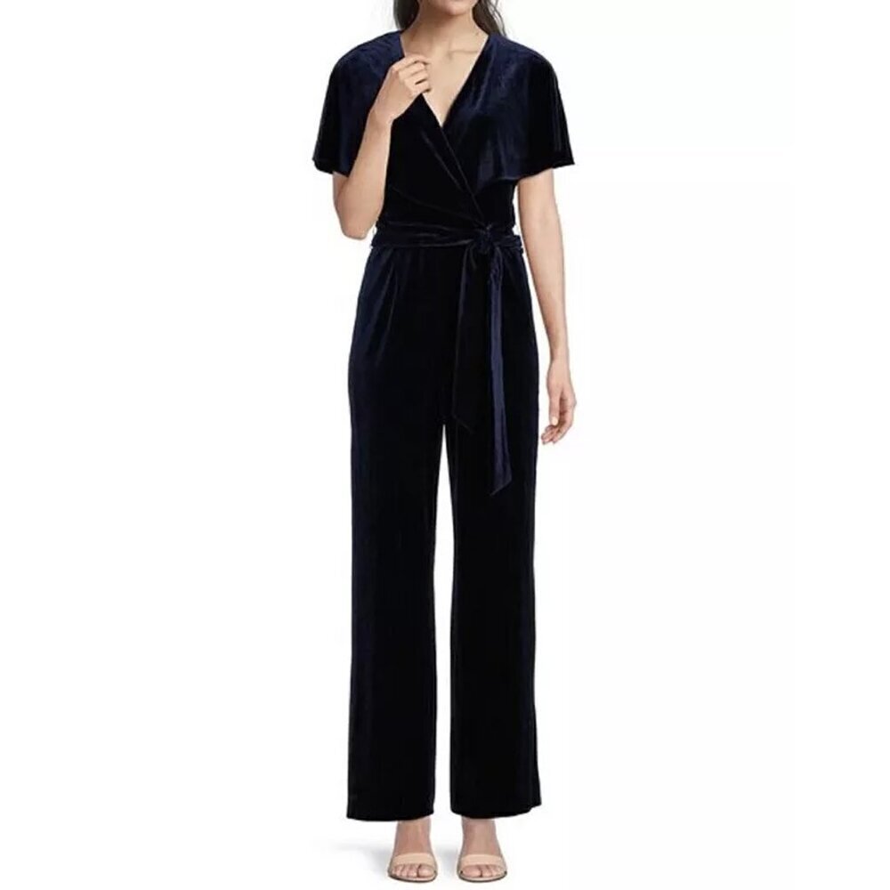 Alex Marie Size 16 Capelet Cape Navy Blue Velvet V-Neck Jumpsuit Wide Leg Formal